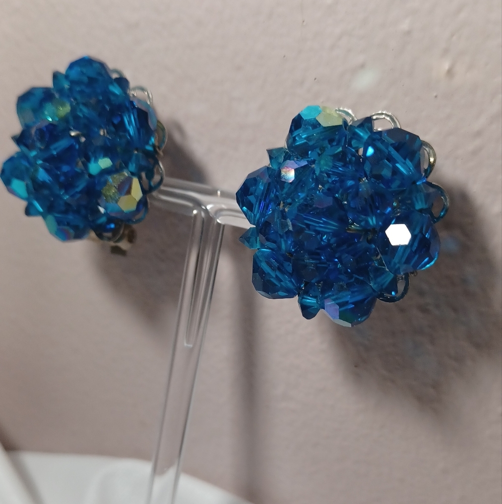 Blue Aurora Borealis Bead Clip Earrings - Picture 2 of 6